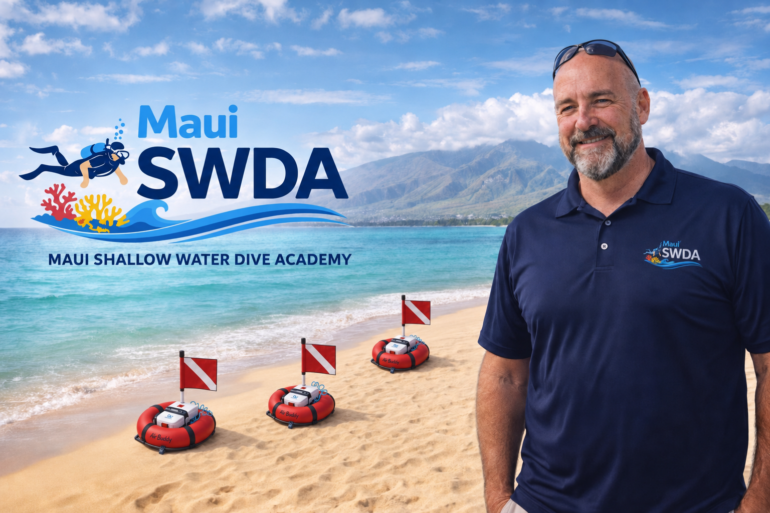 SWDA founder Jake Farmer on a Maui beach with three AirBuddy tankless dive systems
