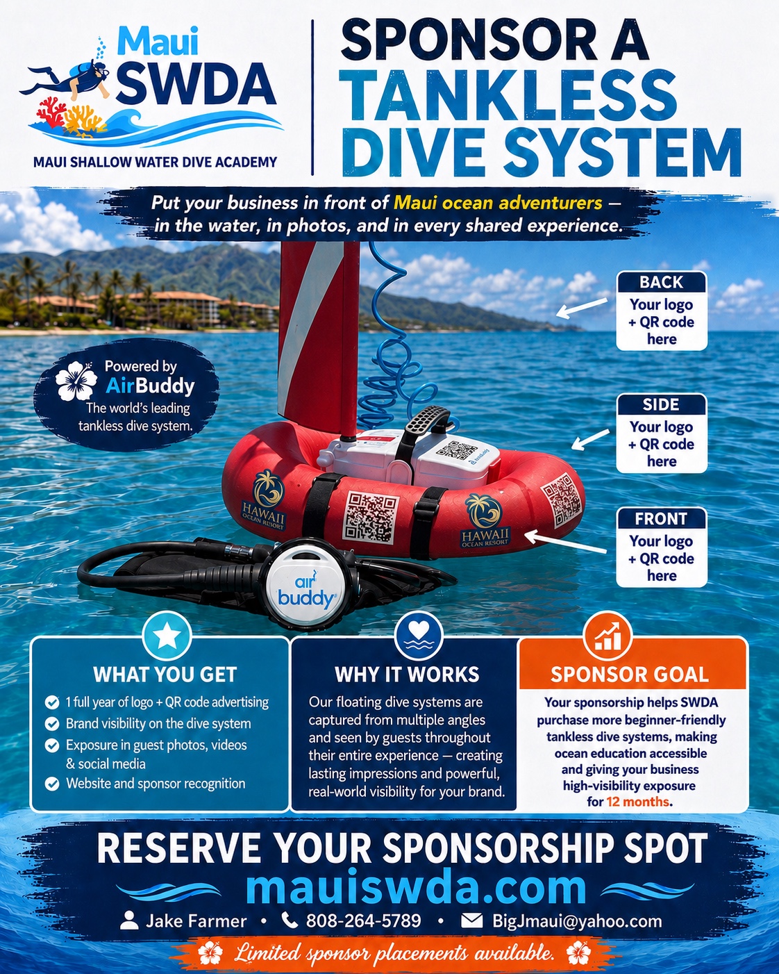 Maui SWDA Sponsor a Tankless Dive System flyer showing logo and QR-code placement on an AirBuddy unit